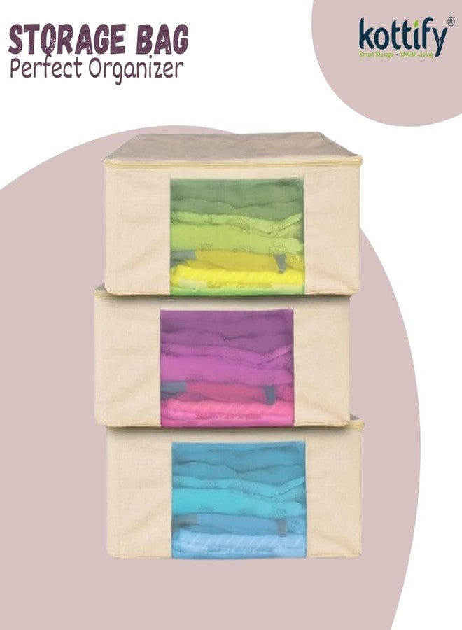 Kottify 3 Pack Cotton Canvas Clothes Storage Bags/Saree Covers with Zip for Storage Specially Design for Woman Dresses, Sarees, Lehengas for Wardrobe Organizer (43cm x 36cm x 17.8cm),Beige - Image 2